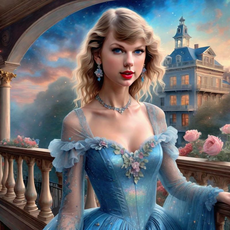 Taylor Swift Standing on a Balcony in a 18 century ballroom dress 4.jpg