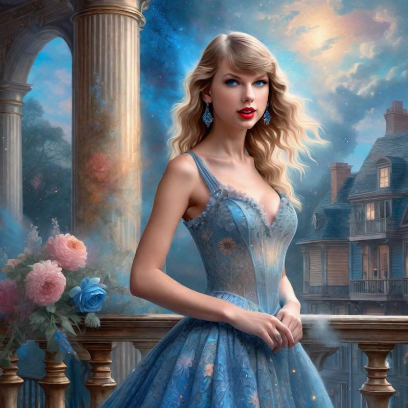 Taylor Swift Standing on a Balcony in a 18 century ballroom dress 3.jpg