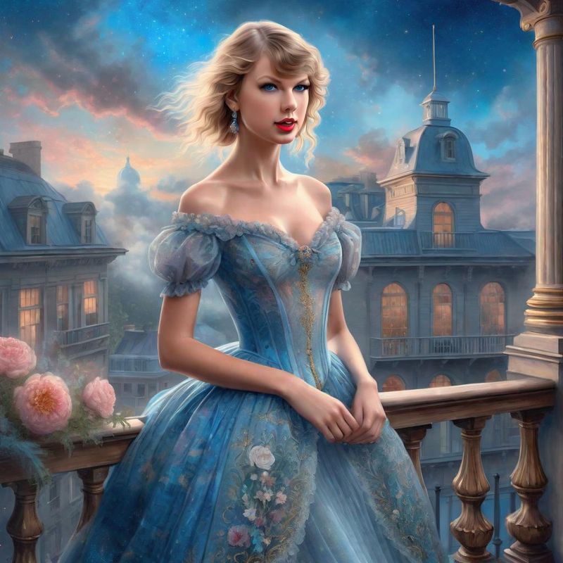 Taylor Swift Standing on a Balcony in a 18 century ballroom dress 2.jpg