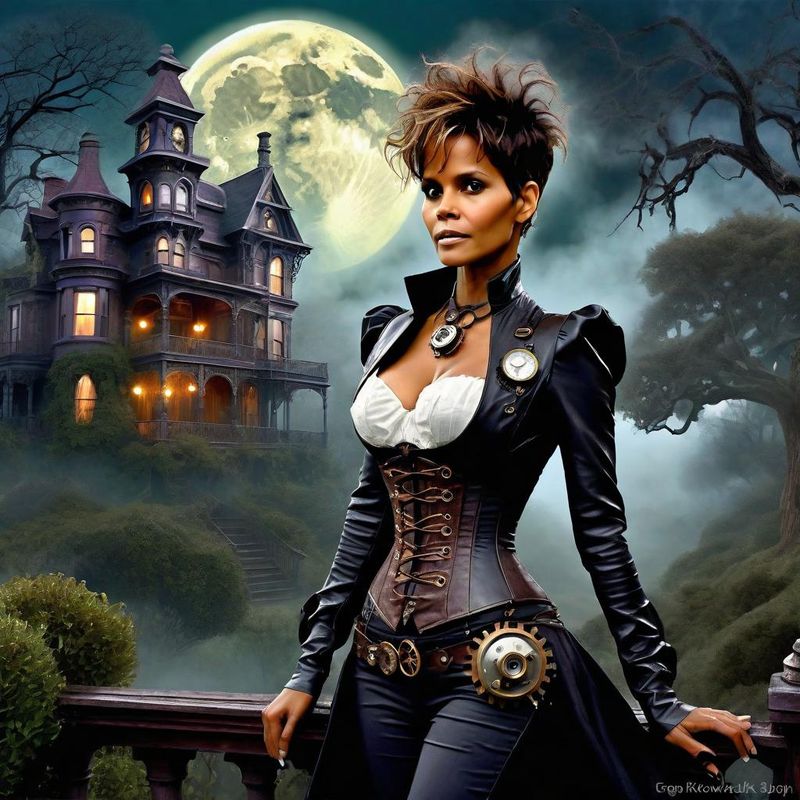 Halle Berry in Victoriaanse steampunk clothes in a Steampunk mystic World 4.jpg
