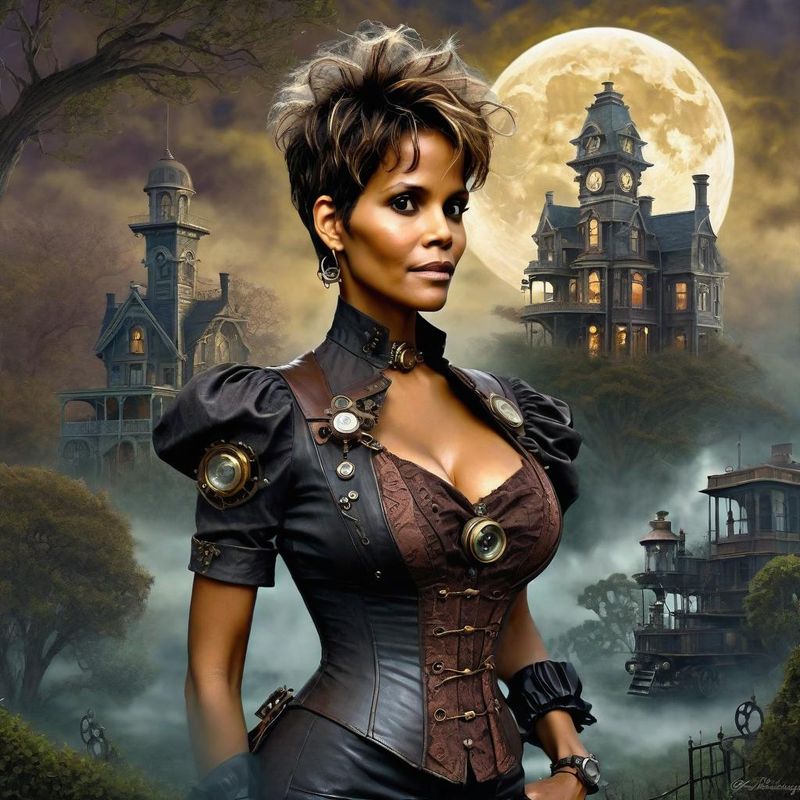 Halle Berry in Victoriaanse steampunk clothes in a Steampunk mystic World 3.jpg