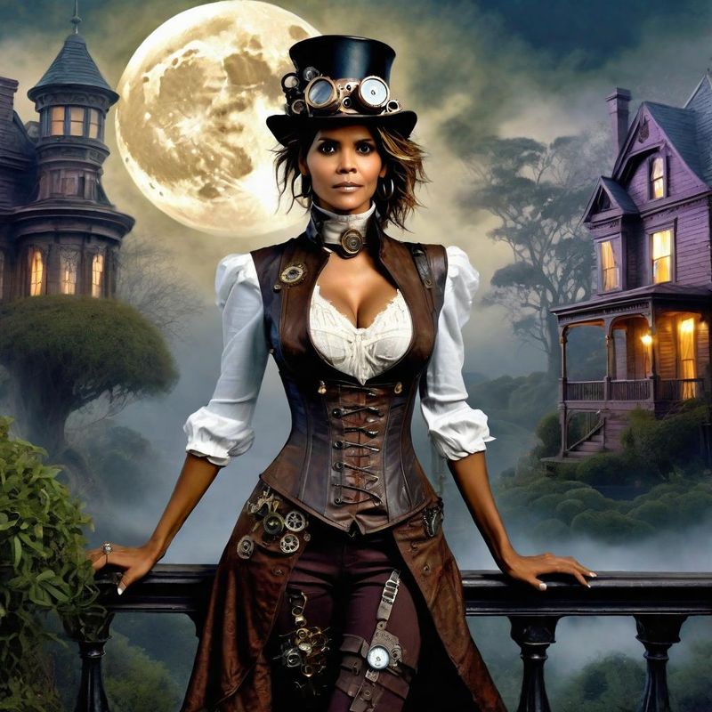 Halle Berry in Victoriaanse steampunk clothes in a Steampunk mystic World 2.jpg