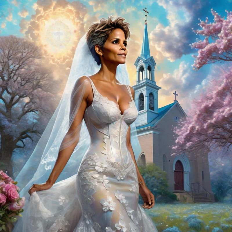 Halle Berry in a wedding dress in front of an old church 5.jpg