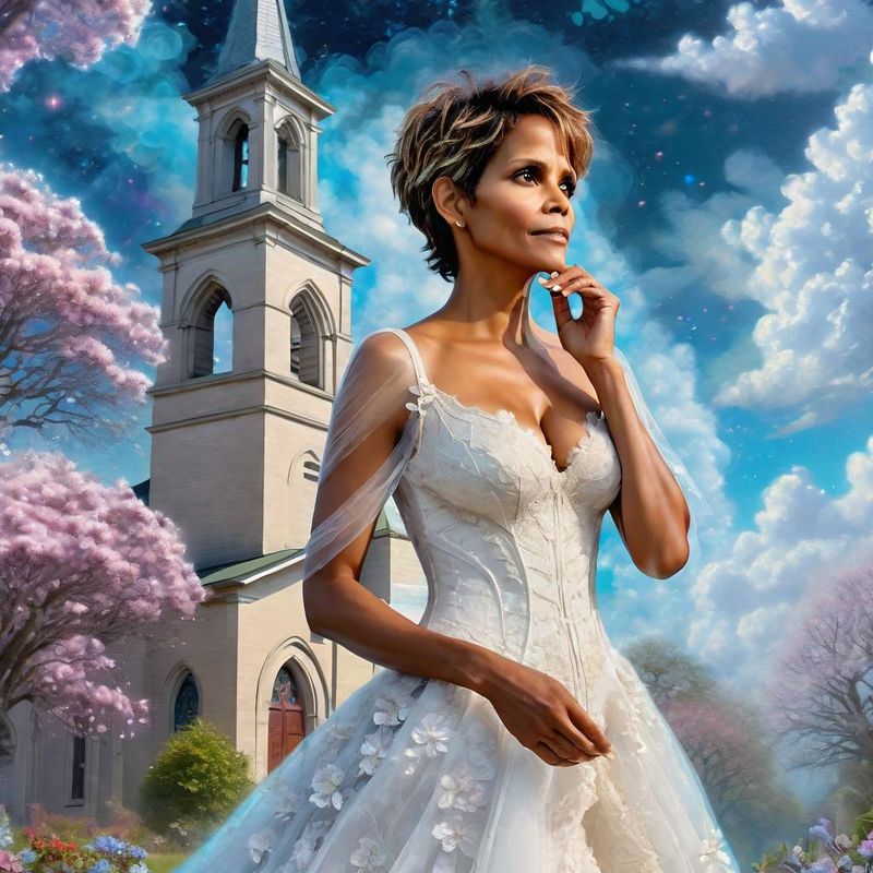 Halle Berry in a wedding dress in front of an old church 4.jpg