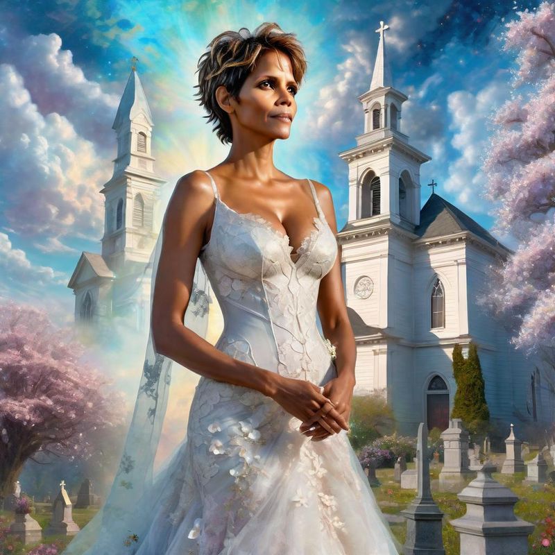 Halle Berry in a wedding dress in front of an old church 2.jpg