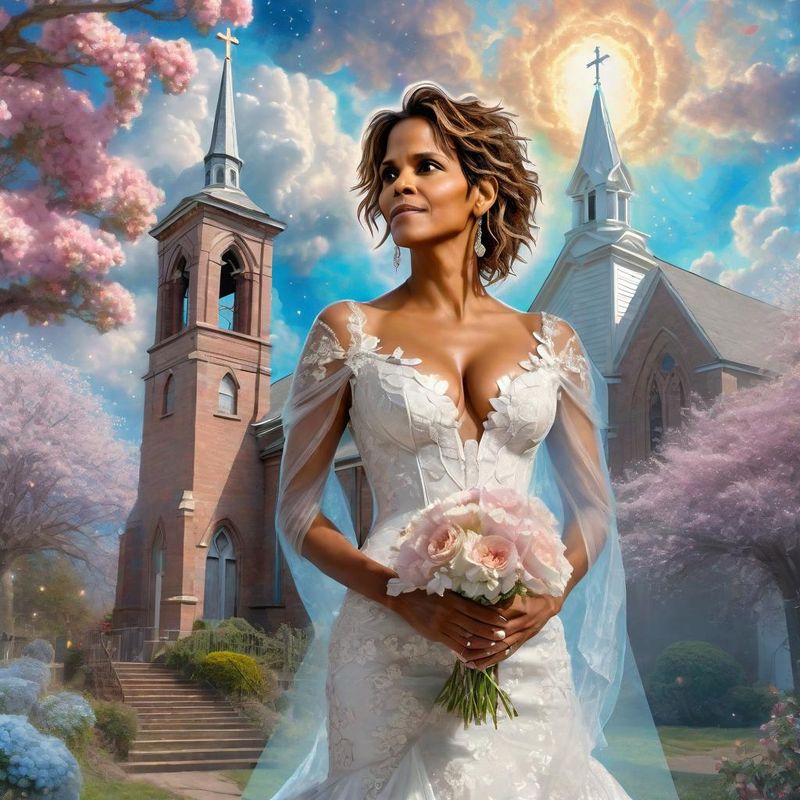 Halle Berry in a wedding dress in front of an old church 1.jpg
