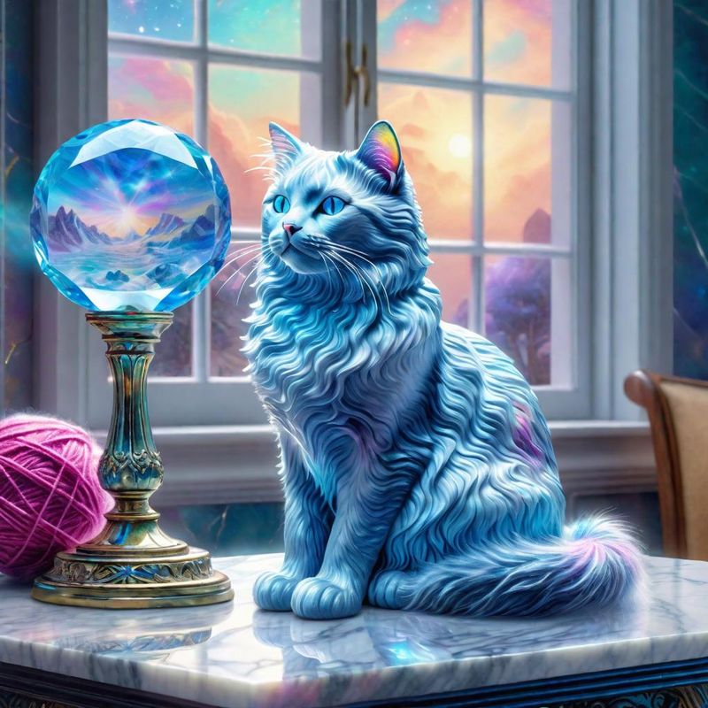 Crystal cat with a ball of wool on a marble table top 1.jpg
