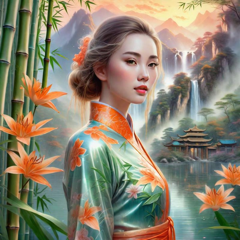 Young Sensual Women in a Bamboo forest in China near a Chinese Prayer Stamp 7.jpg