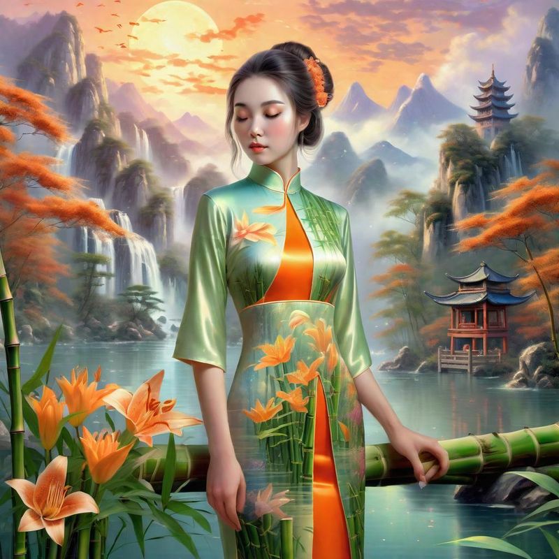 Young Sensual Women in a Bamboo forest in China near a Chinese Prayer Stamp 6.jpg