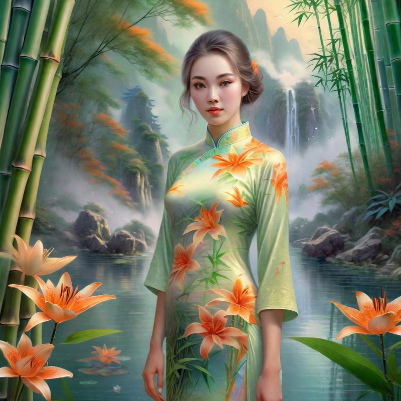 Young Sensual Women in a Bamboo forest in China near a Chinese Prayer Stamp 5.jpg