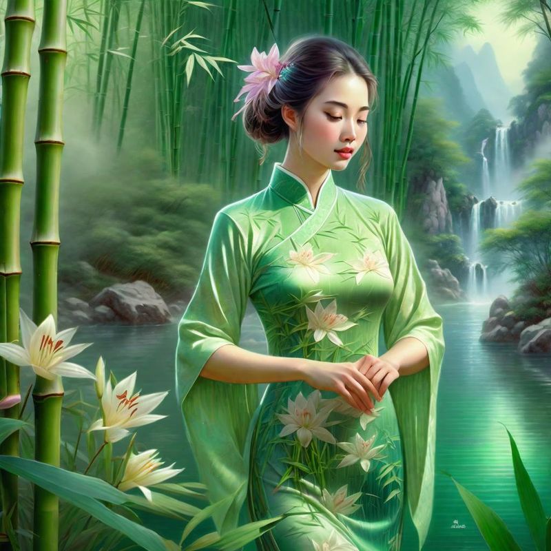 Young Sensual Women in a Bamboo forest in China near a Chinese Prayer Stamp 3.jpg