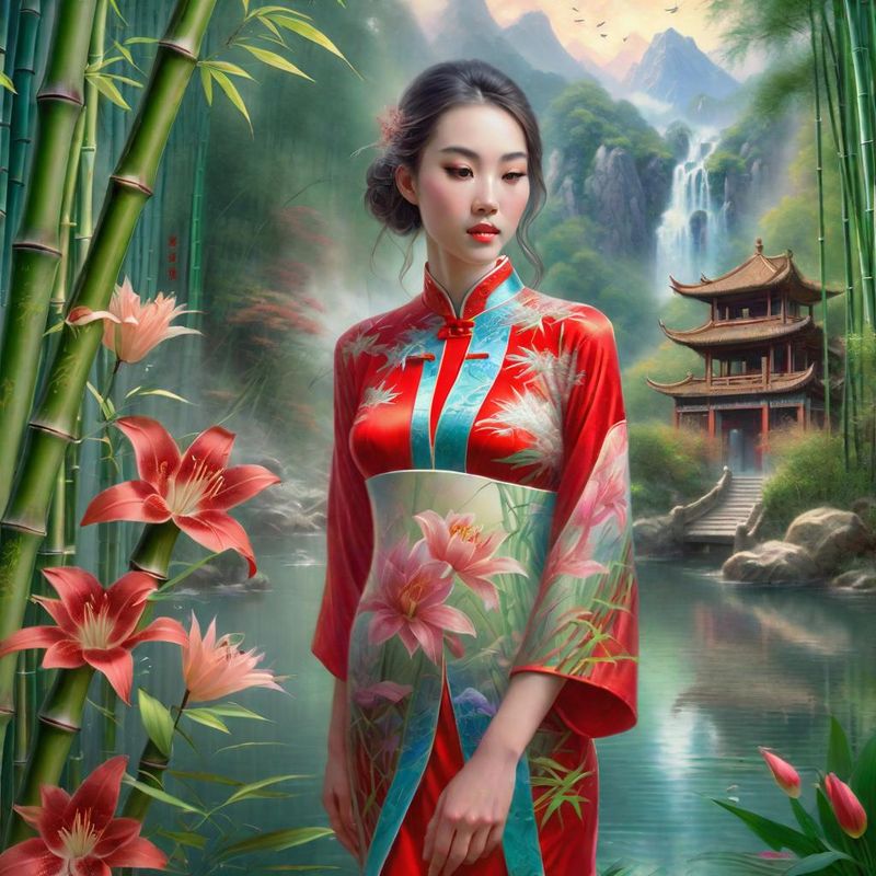 Young Sensual Women in a Bamboo forest in China near a Chinese Prayer Stamp 2.jpg