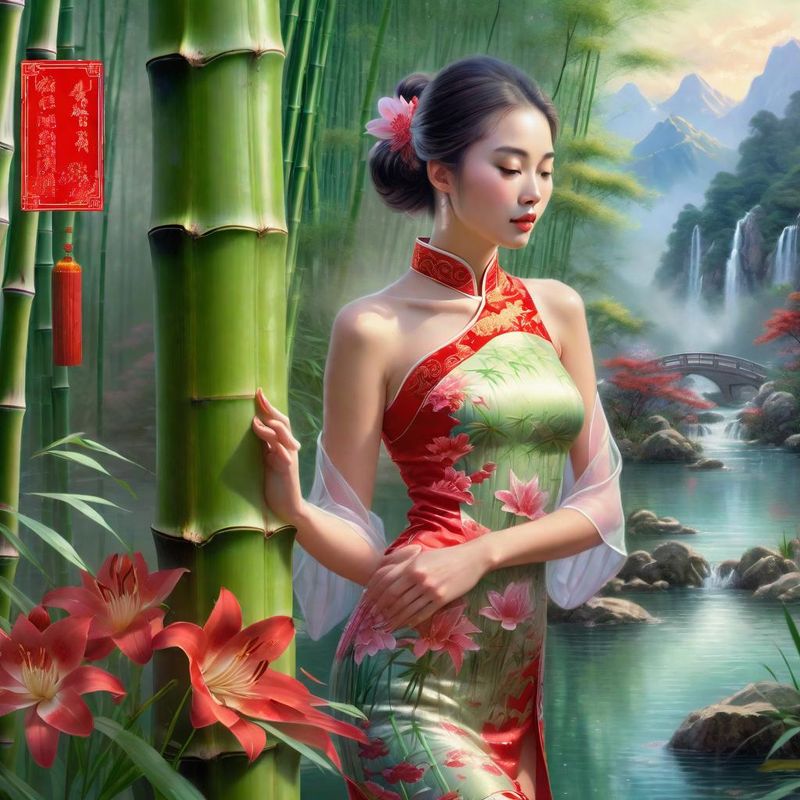 Young Sensual Women in a Bamboo forest in China near a Chinese Prayer Stamp 1.jpg