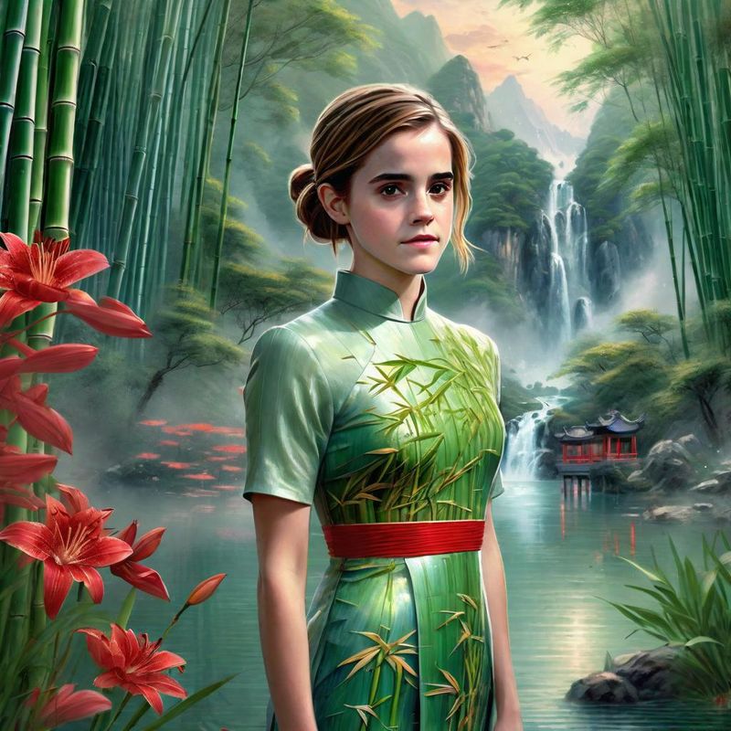 Emma Watson in a Bamboo forest in China near a Chinese Prayer Stamp 5.jpg