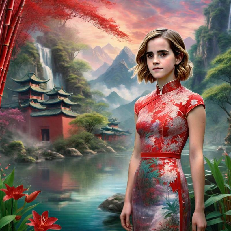 Emma Watson in a Bamboo forest in China near a Chinese Prayer Stamp 4.jpg