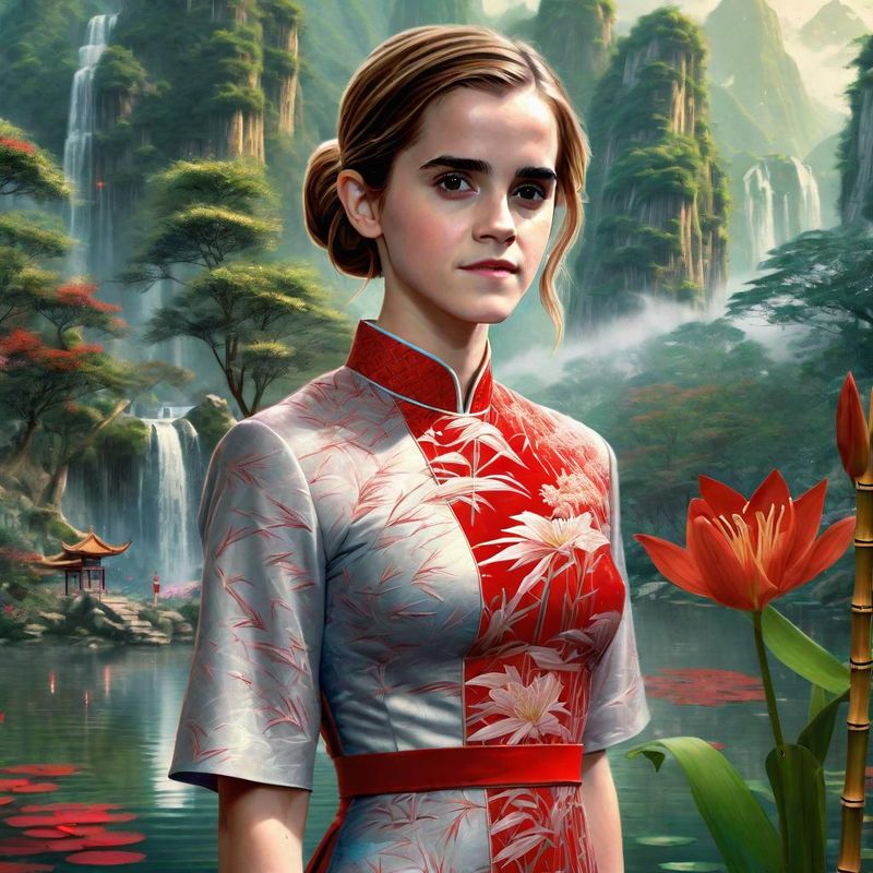 Emma Watson in a Bamboo forest in China near a Chinese Prayer Stamp 3.jpg