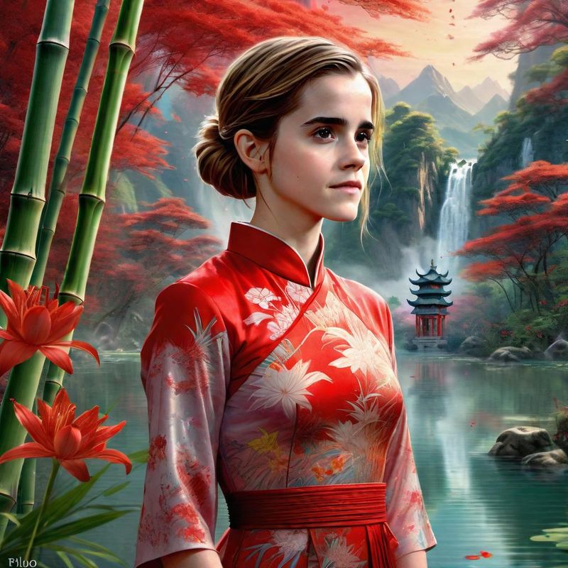 Emma Watson in a Bamboo forest in China near a Chinese Prayer Stamp 2.jpg