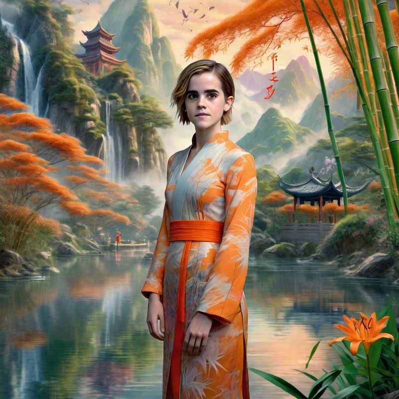 Emma Watson in a Bamboo forest in China near a Chinese Prayer Stamp 1.jpg