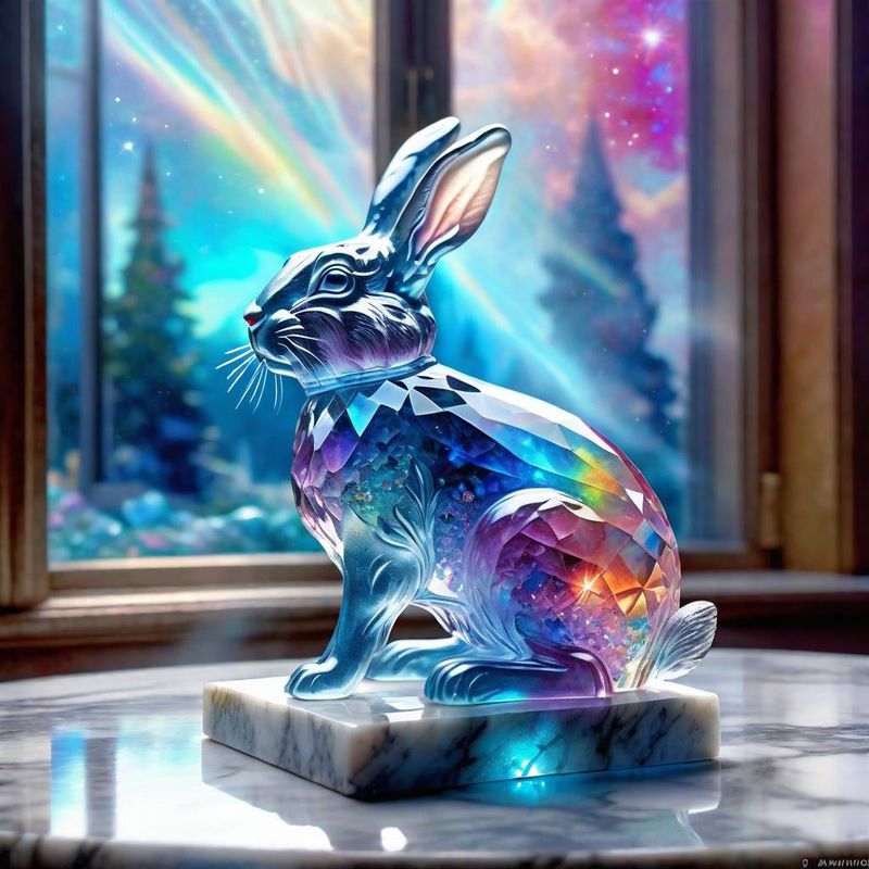 Colorful Crystal Rabbit on a round marble table top 1.jpg