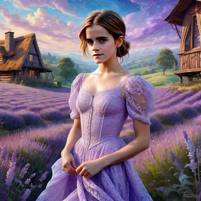 Emma Watson in a lilac Lace sensual dress in an Lavender field 3.jpg
