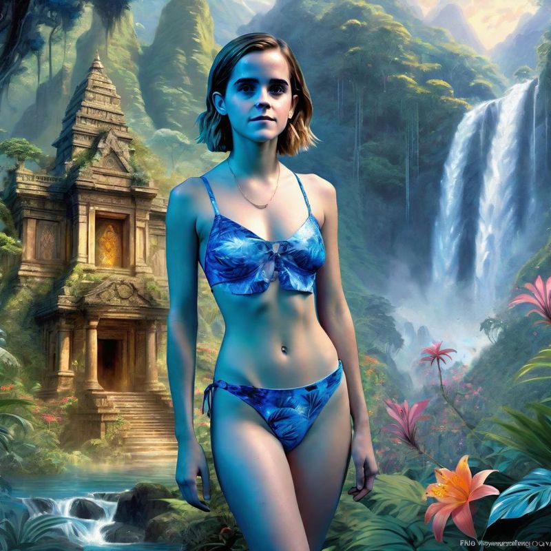 Emma Watson in a Blue printed Bikini in the Jungle by an Temple 5.jpg