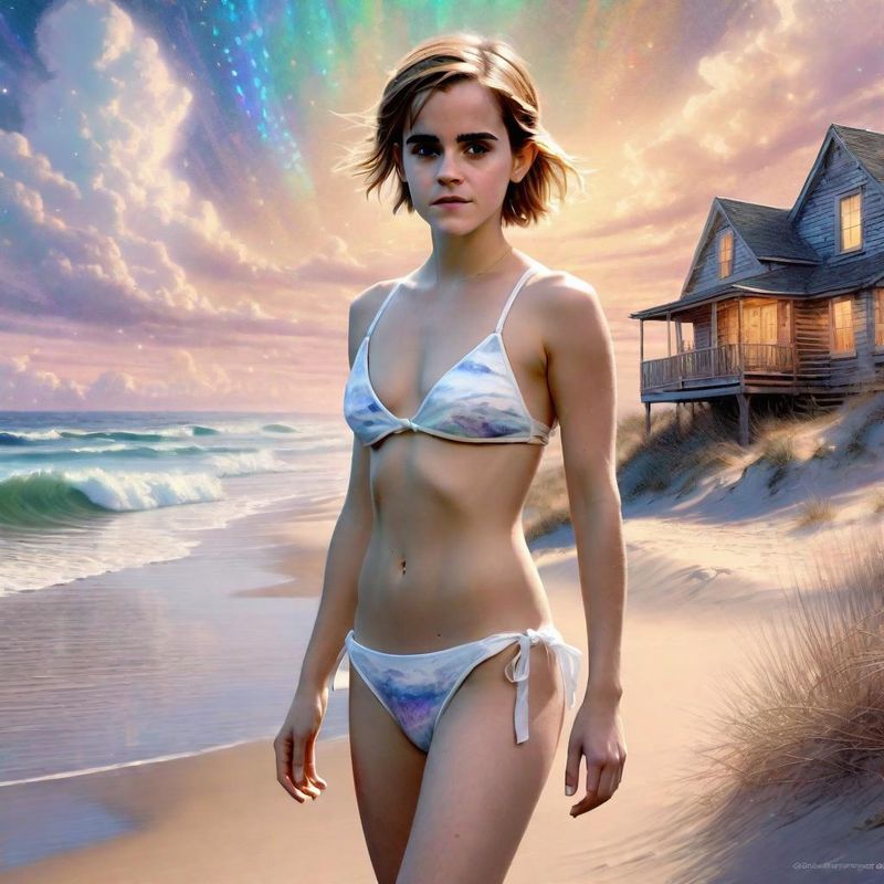 Emma Watson in a White printed Bikini at the Beach 5.jpg