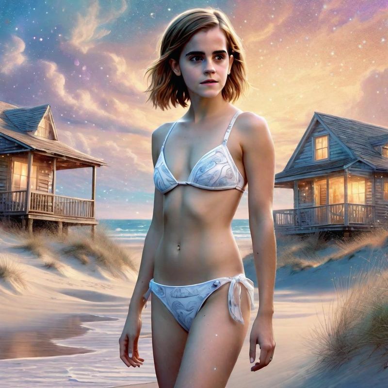 Emma Watson in a White printed Bikini at the Beach 4.jpg
