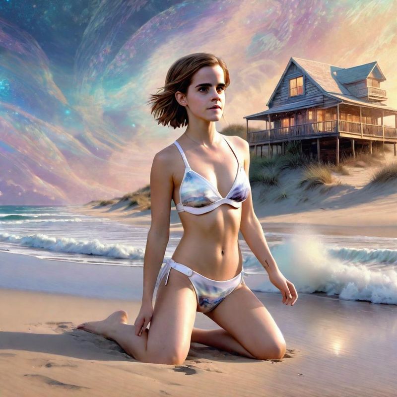 Emma Watson in a White printed Bikini at the Beach 3.jpg