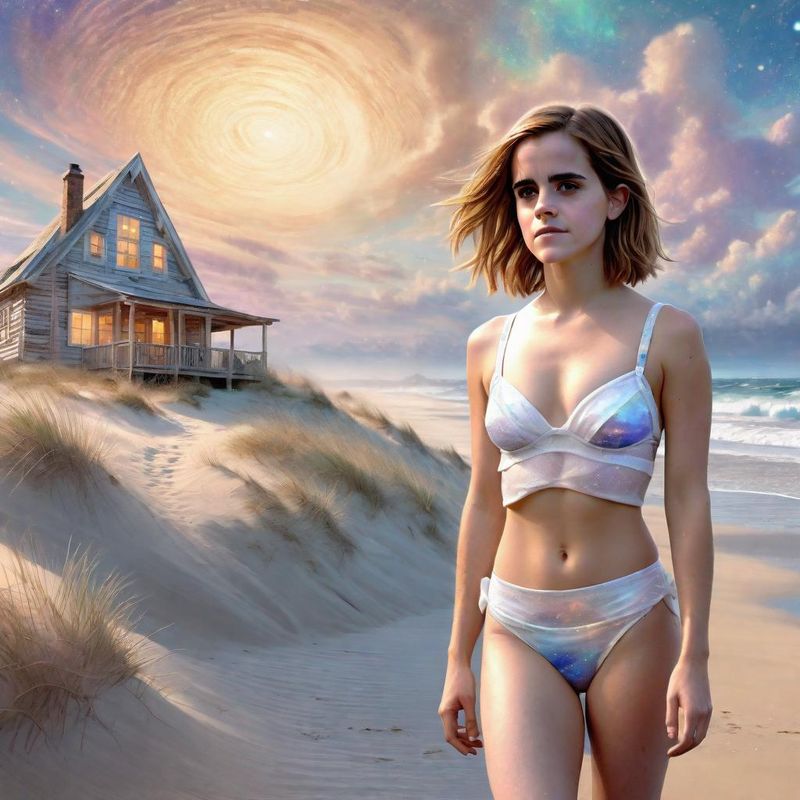 Emma Watson in a White printed Bikini at the Beach 2.jpg