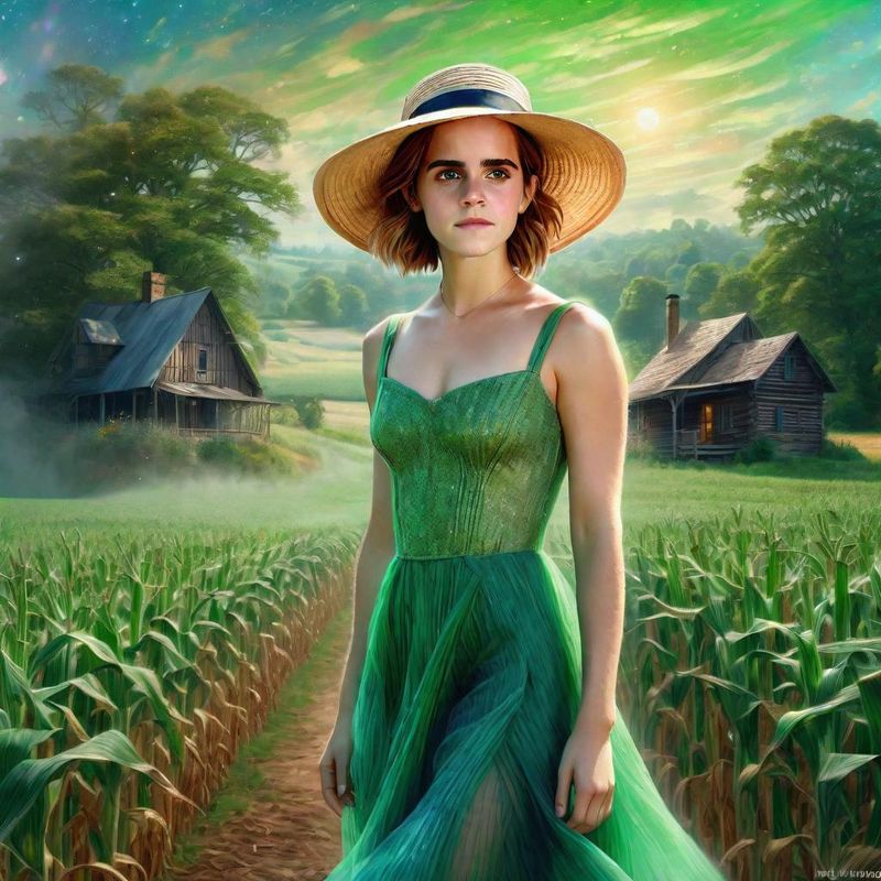 Emma Watson in a Green sensual Lace dress in an Corn field 3.jpg
