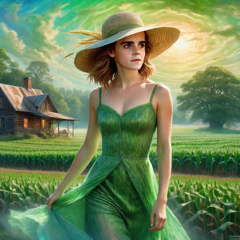 Emma Watson in a Green sensual Lace dress in an Corn field 1.jpg