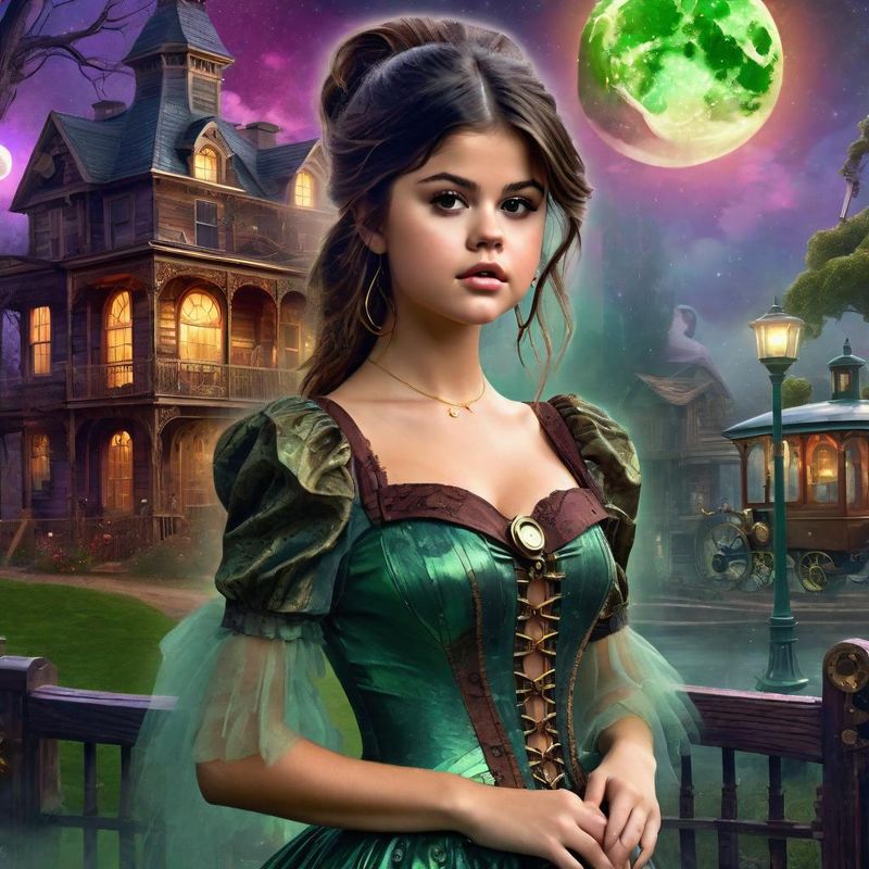 Selena Gomez in a Belle Epoque Steampunk dress in a Steampunk Mystic fantasy world 2.jpg