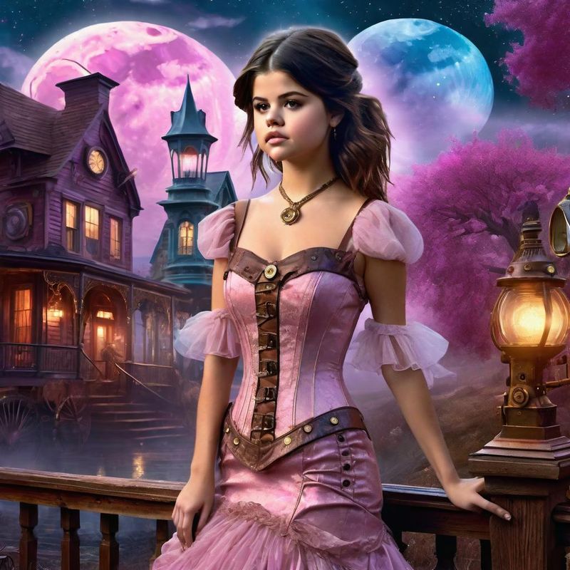 Selena Gomez in a Belle Epoque Steampunk dress in a Steampunk Mystic fantasy world 1.jpg