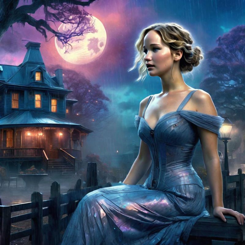 Jennifer Lawrence in a Cyberpunk Belle Epoque dress in a Mystic Cyberpunk fantasy world 4.jpg