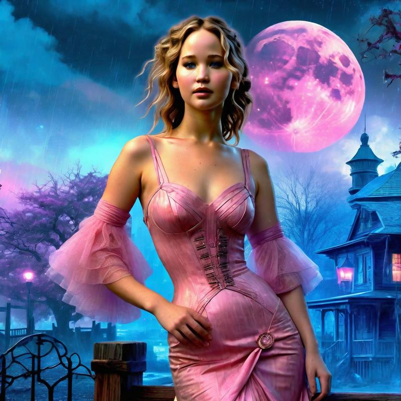 Jennifer Lawrence in a Cyberpunk Belle Epoque dress in a Mystic Cyberpunk fantasy world 2.jpg