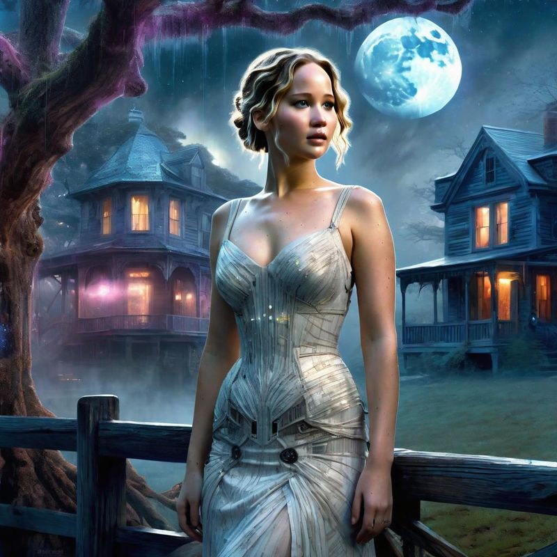 Jennifer Lawrence in a Cyberpunk Belle Epoque dress in a Mystic Cyberpunk fantasy world 1.jpg