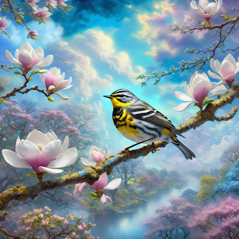 Magnolia warbler on a branch, in a fantasy world - Spring 2.jpg
