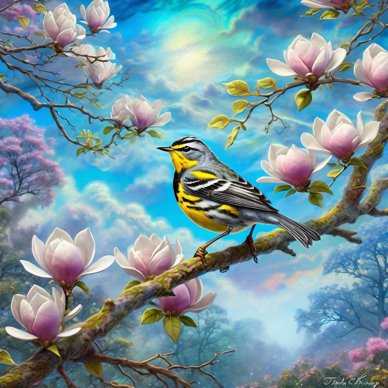 Magnolia warbler on a branch, in a fantasy world - Summer 1.jpg