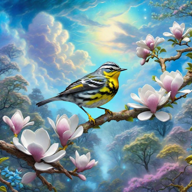 Magnolia warbler on a branch, in a fantasy world - Summer 2.jpg