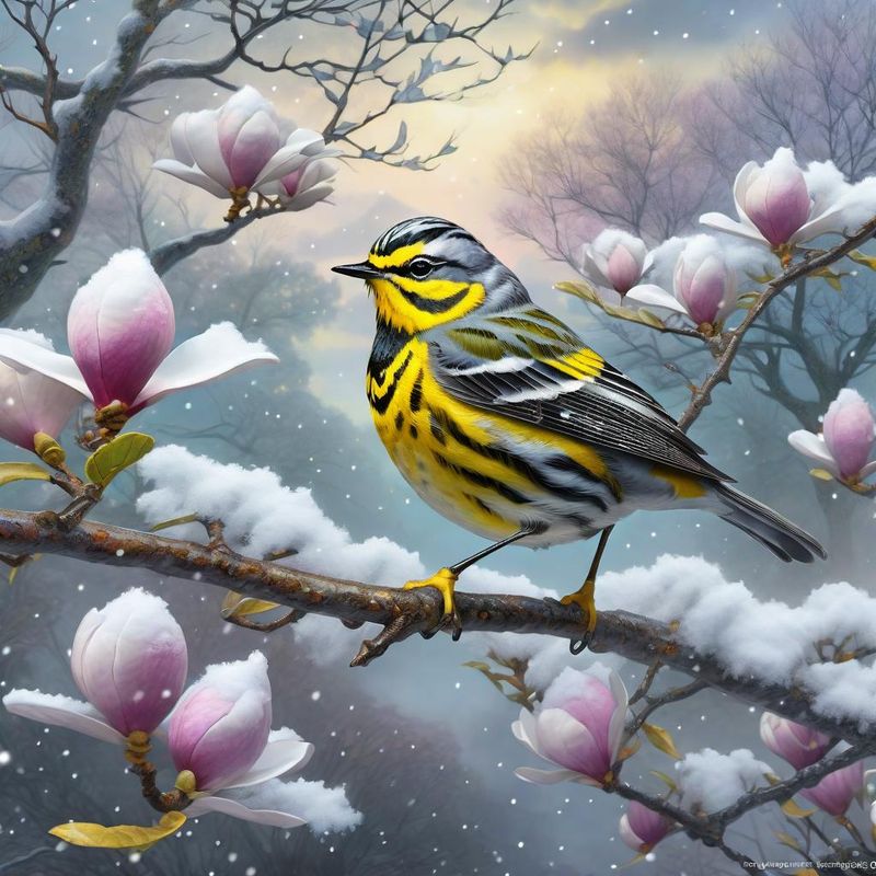 Magnolia warbler on a branch, in a fantasy world - Winter 1.jpg