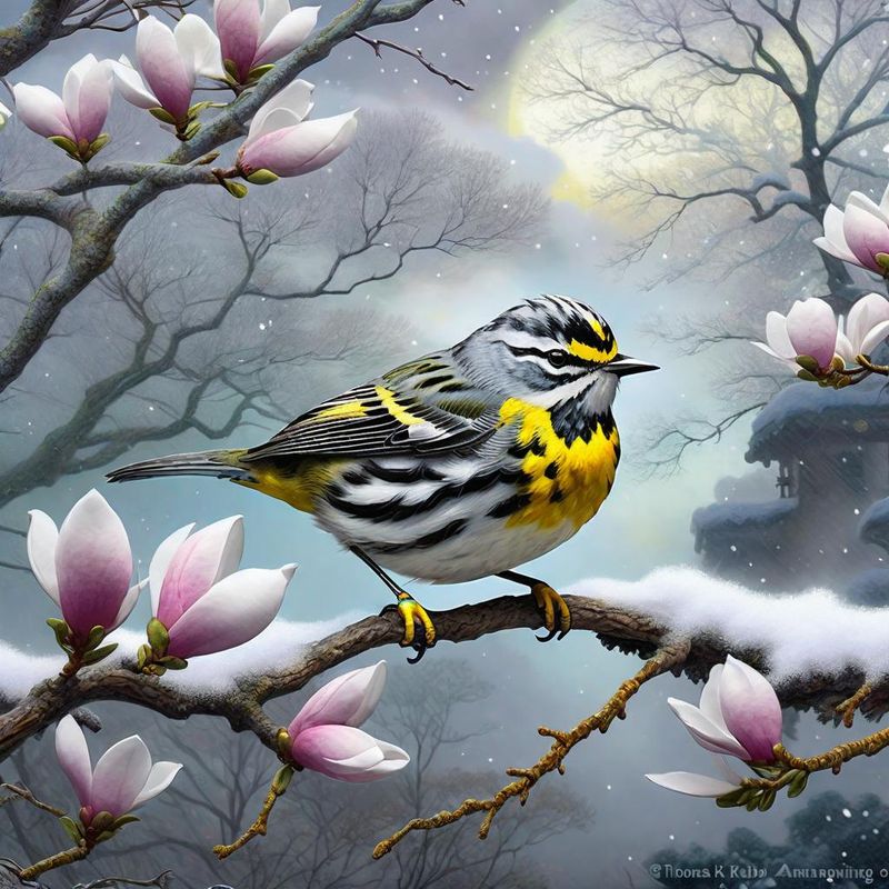 Magnolia warbler on a branch, in a fantasy world - Winter 2.jpg