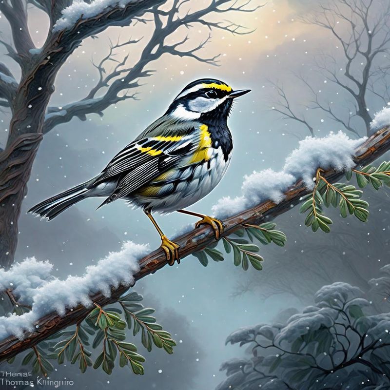 Black-throated Warbler on a branch, in a fantasy world - Winter 2.jpg