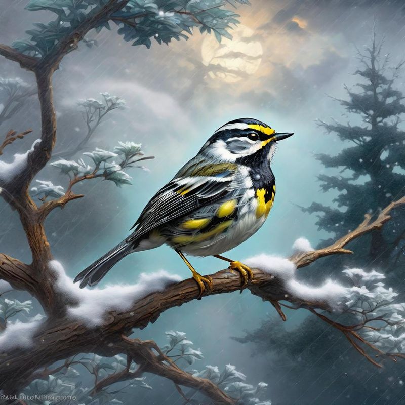 Black-throated Warbler on a branch, in a fantasy world - Winter 1.jpg