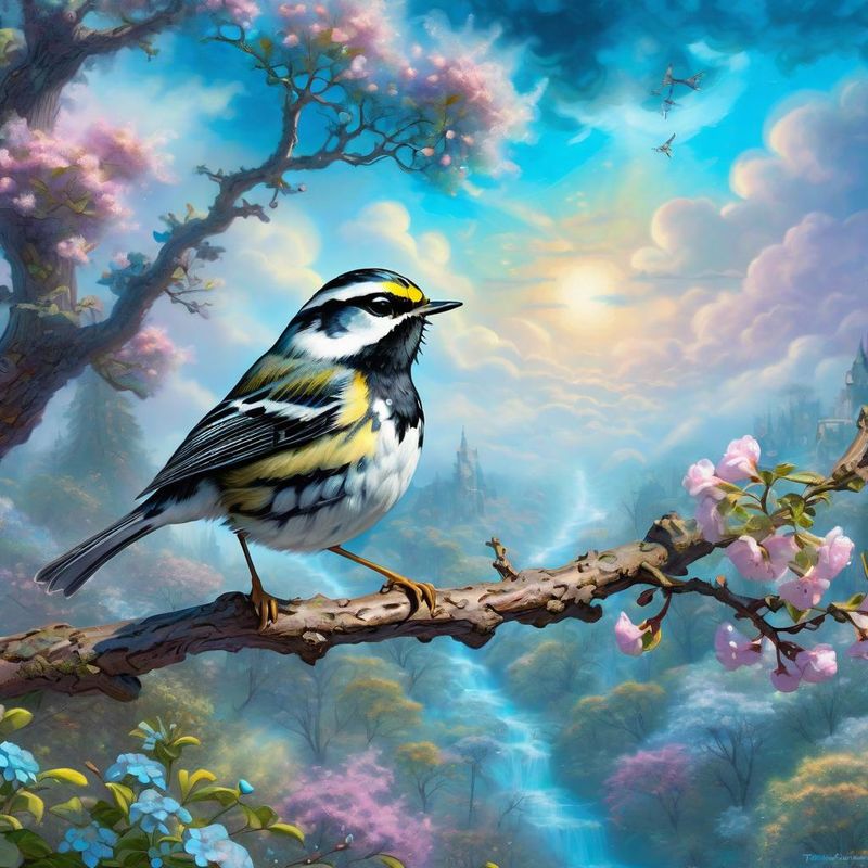 Black-throated Warbler on a branch, in a fantasy world - Spring 1.jpg