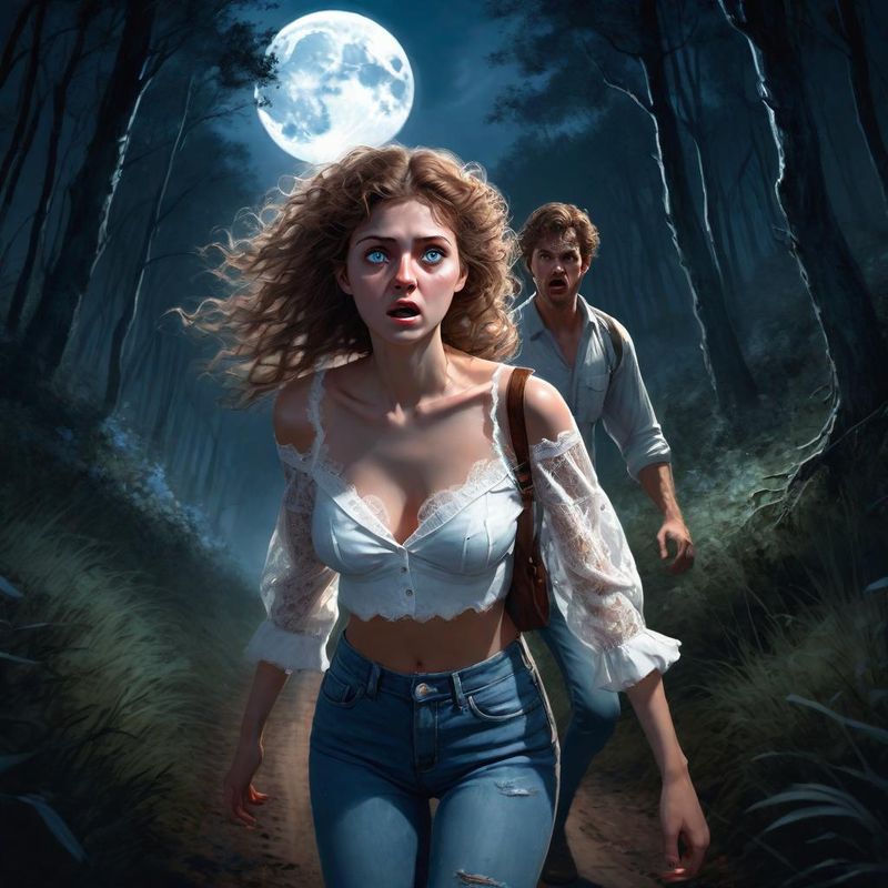 a young frightened woman fleeing through a dark mysterious forest with a man behind her 1.jpg