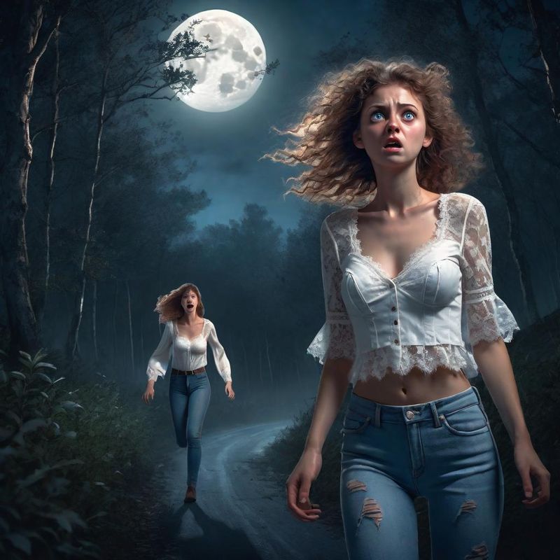 Two young frightened woman fleeing through a dark mysterious forest.jpg