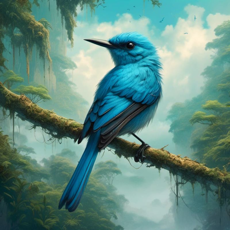 Indigo Flycatcher on a branch - Winter fog 1.jpg