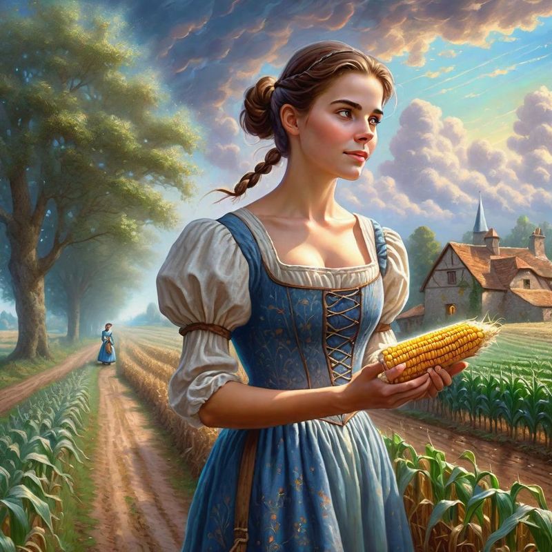Young Women in a peasant dress by an old farm in a medieval fantasy world 7.jpg