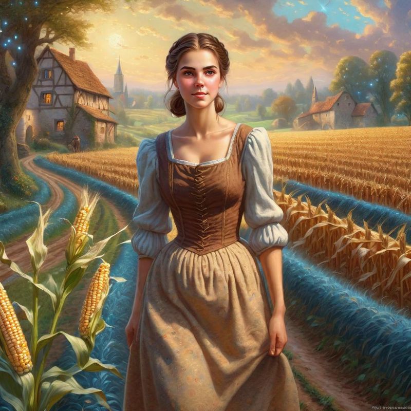 Young Women in a peasant dress by an old farm in a medieval fantasy world 6.jpg