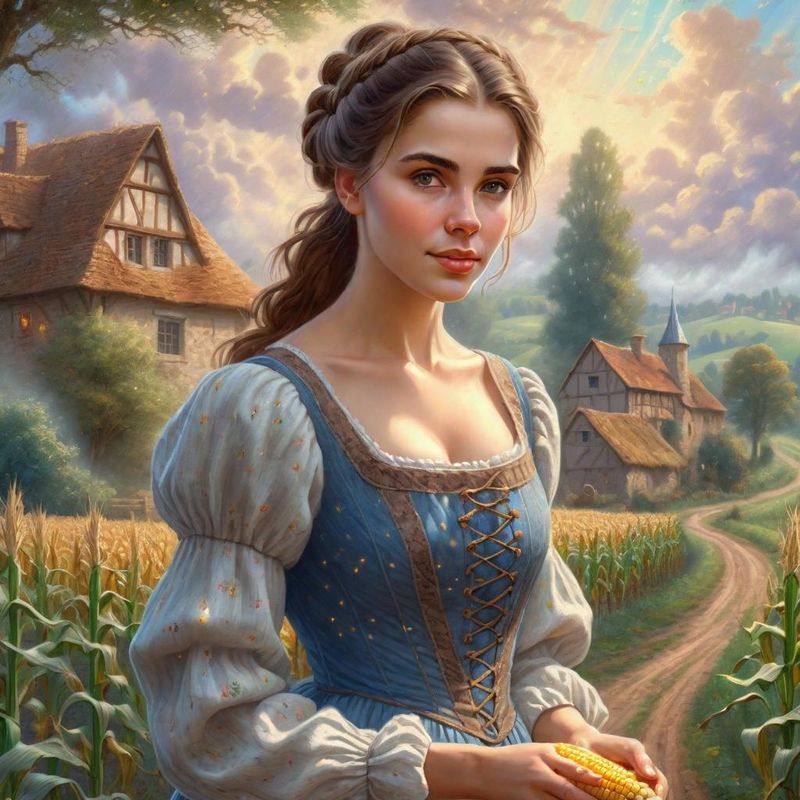 Young Women in a peasant dress by an old farm in a medieval fantasy world 2.jpg
